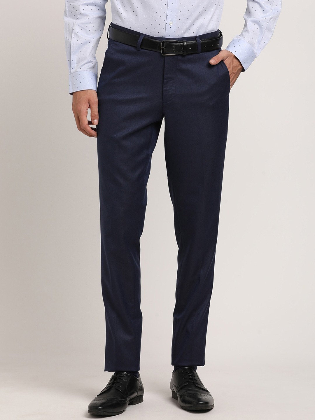 

Turtle Men Tailored Slim Fit Cotton Mid-Rise Formal Trousers, Blue