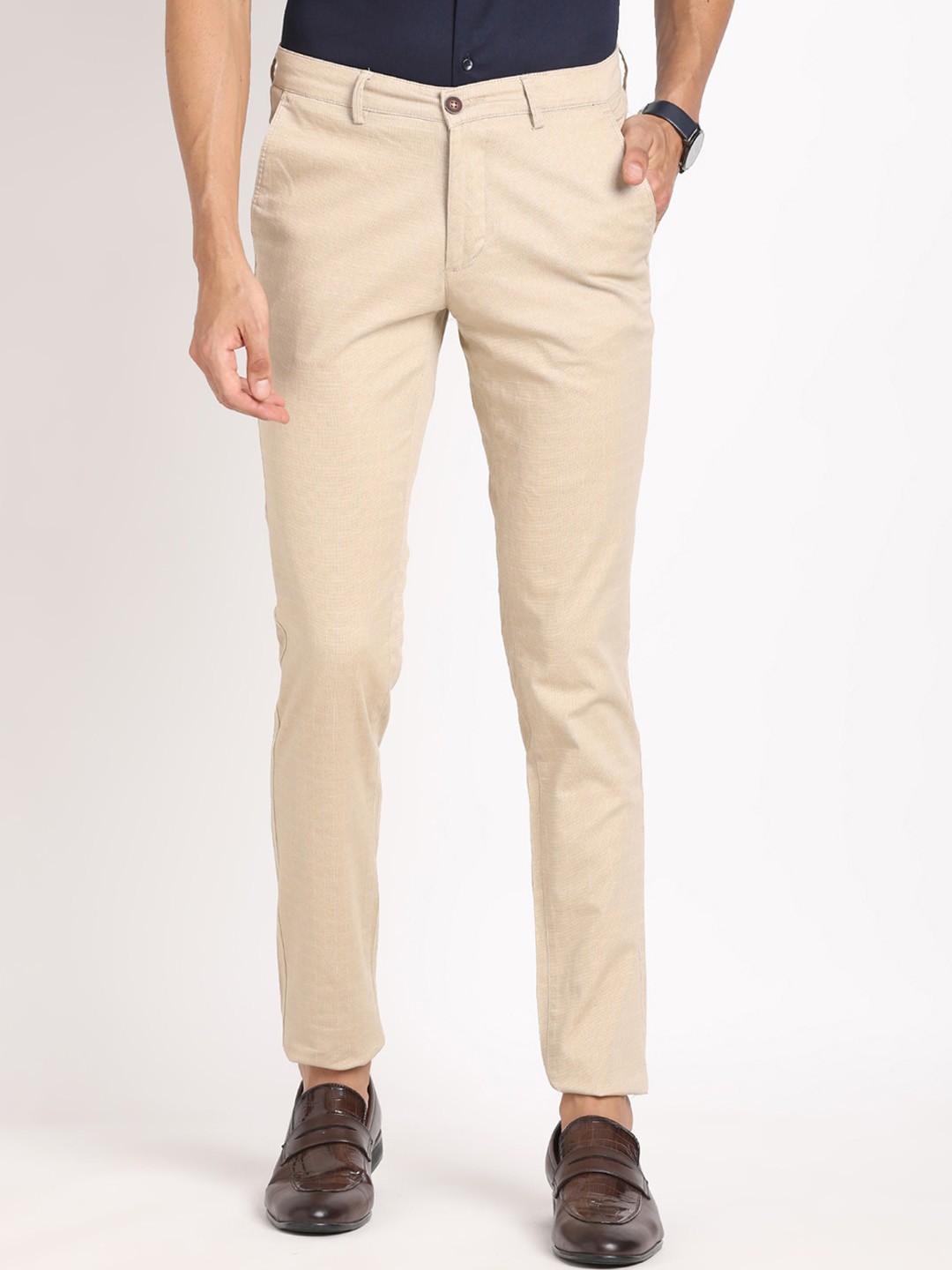 

Turtle Men Mid-Rise Textured Self Design Cotton Smart Tapered Fit Trouser, Beige