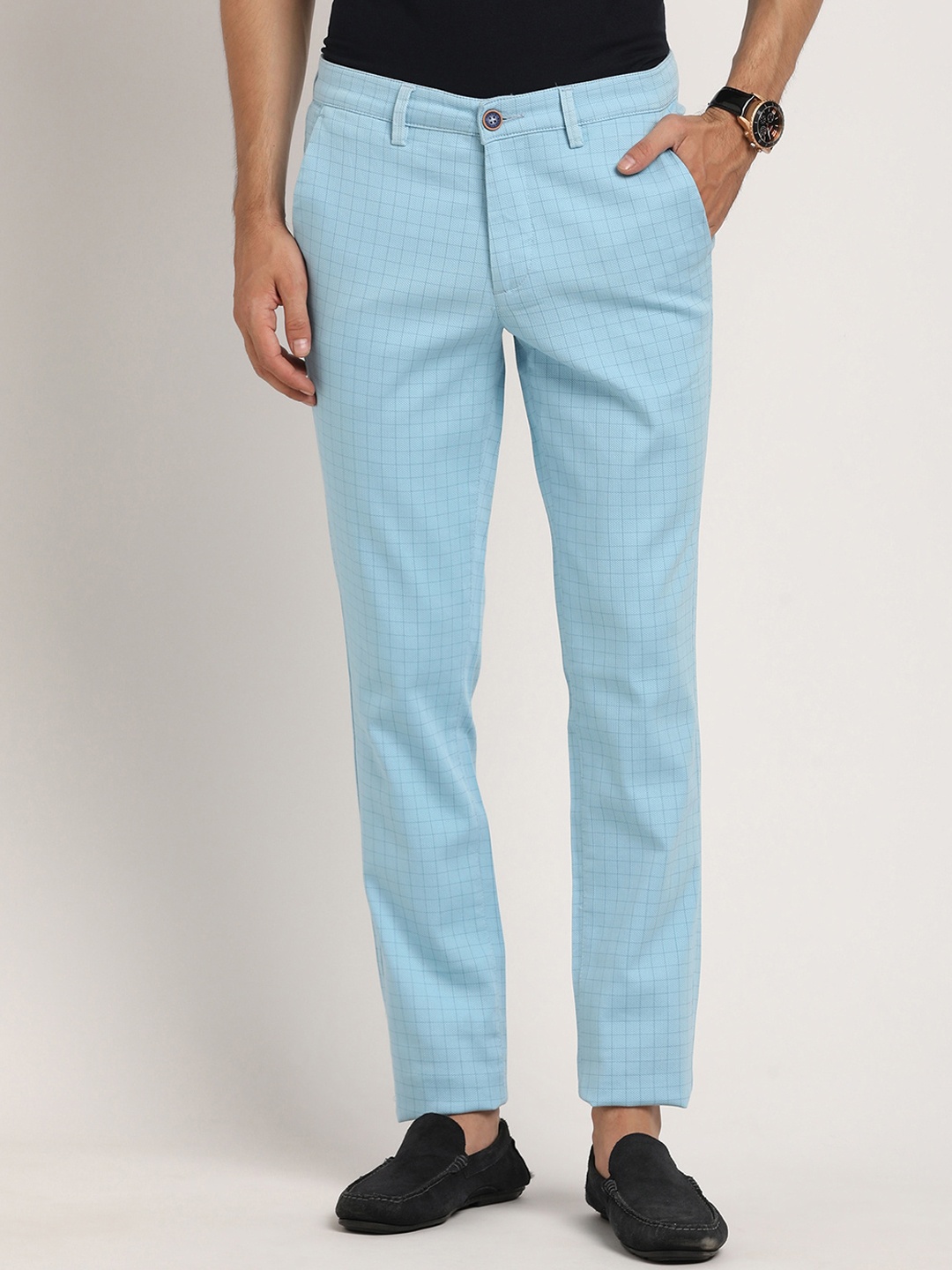 

Turtle Men Checked Smart Tapered Fit Cotton Stretch Mid-Rise Trouser, Blue