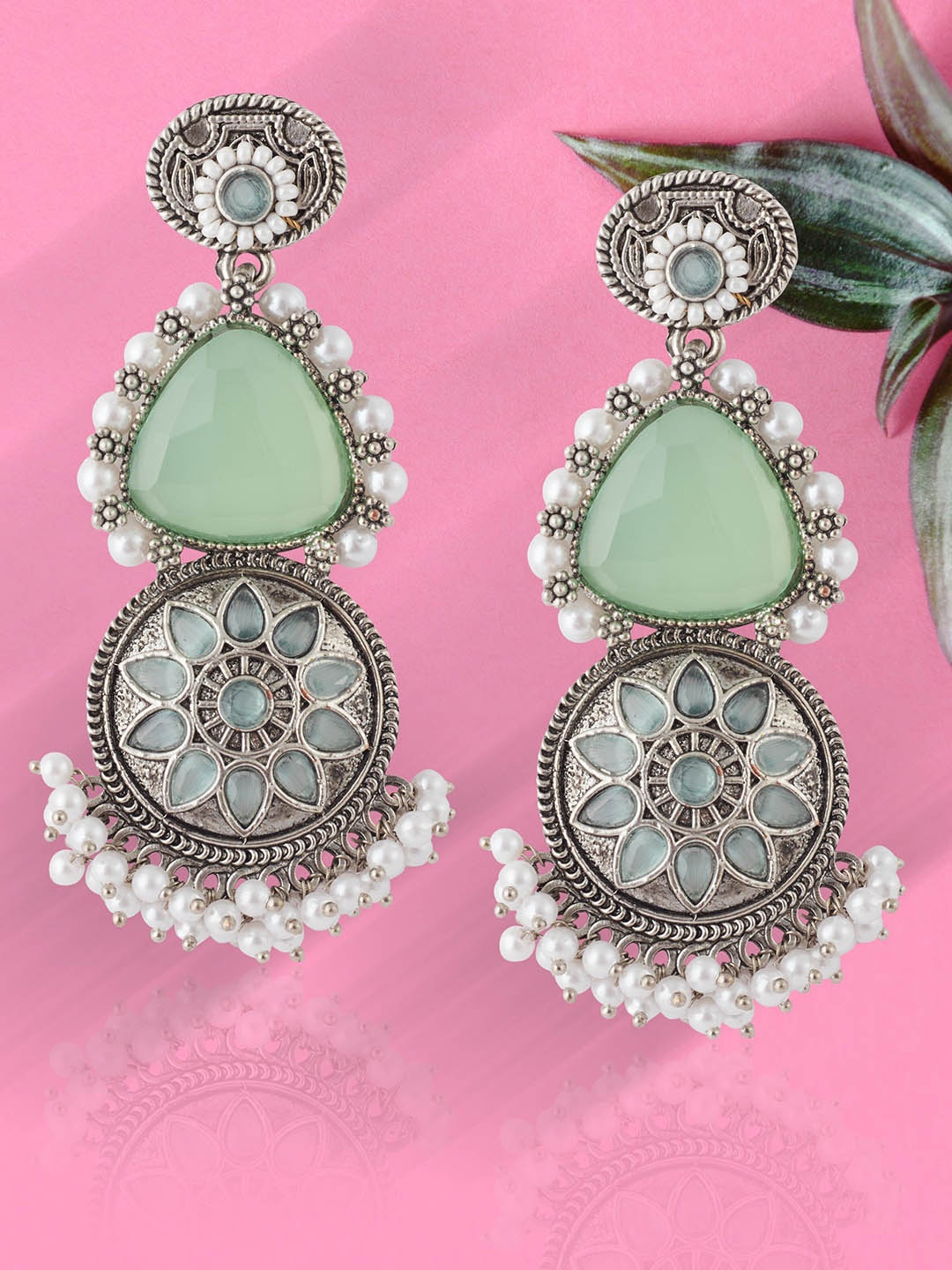 

GRLIE Oxidised Artificial Stones Studded & Beaded Contemporary Drop Earrings, Green