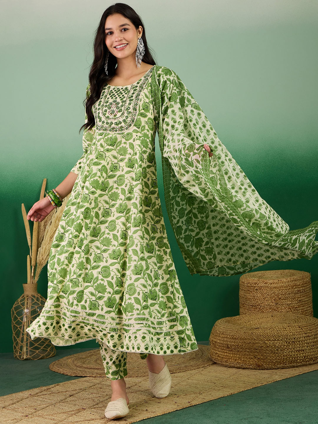 

Sangria Floral Printed Organic Cotton Round Neck Anarkali Kurta With Trousers & Dupatta, White