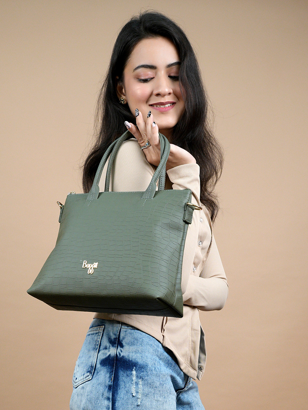 

Baggit Textured Zip Detail PU Shopper Shoulder Bag, Green