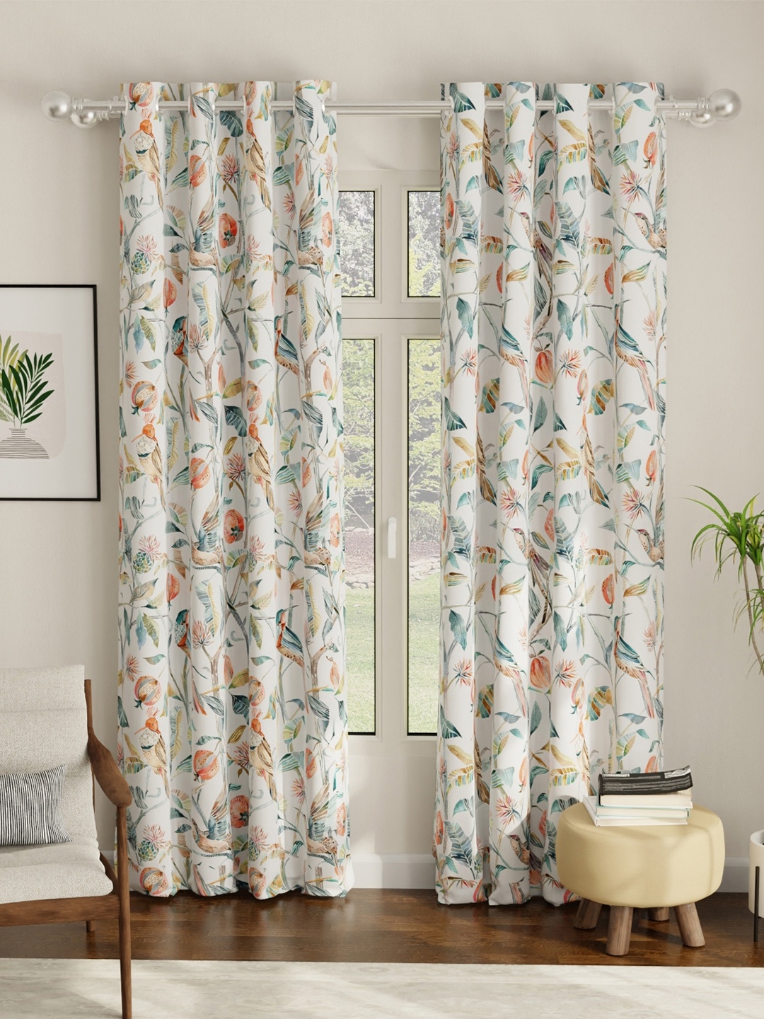 

URBAN SPACE Set of 2 White & Peach Floral Printed Room Darkening Long Door Curtains