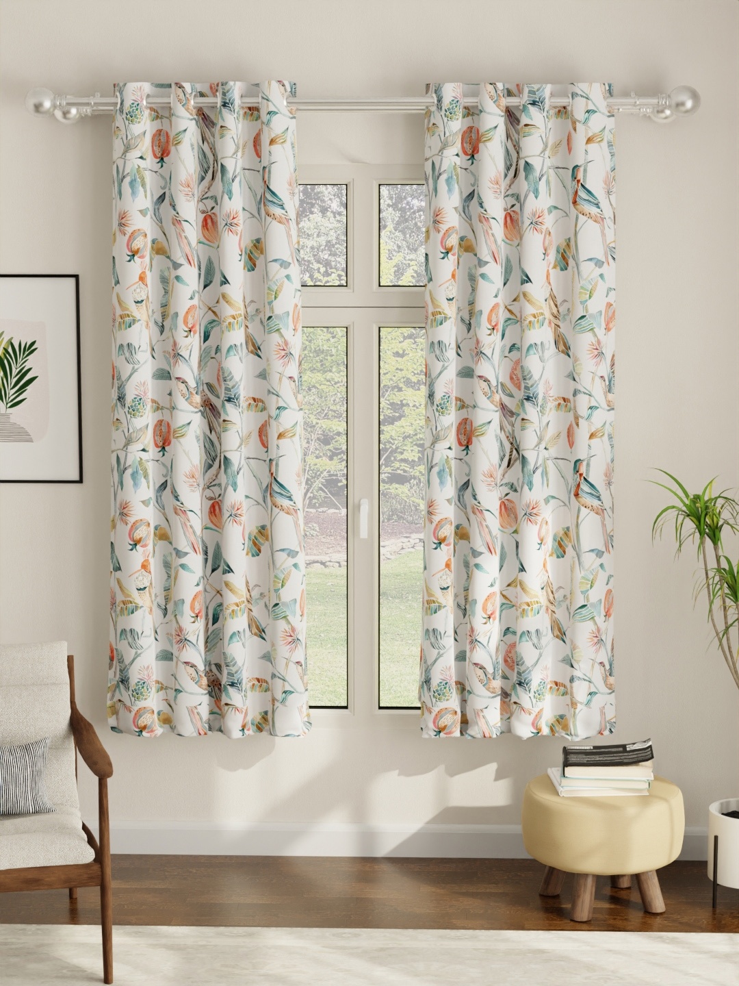 

URBAN SPACE Set of 2 White & Peach Floral Printed Room Darkening Window Curtains