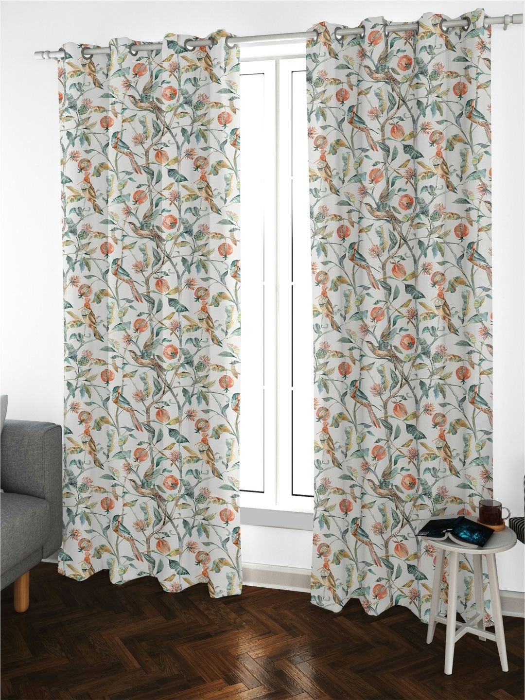 

URBAN SPACE Set of 2 White & Peach Floral Printed Room Darkening Window Curtains