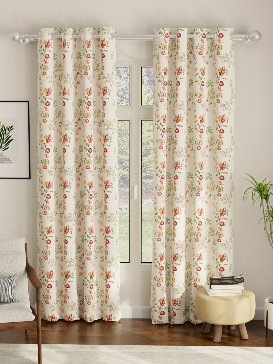 

URBAN SPACE Set of 2 White & Red Floral printed Room Darkening Door Curtains