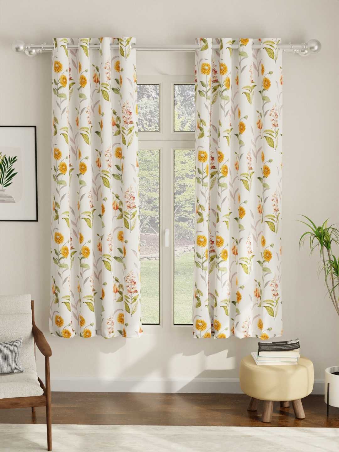 

URBAN SPACE Pack of 2 White & Yellow Floral Printed Room Darkening Window Curtain