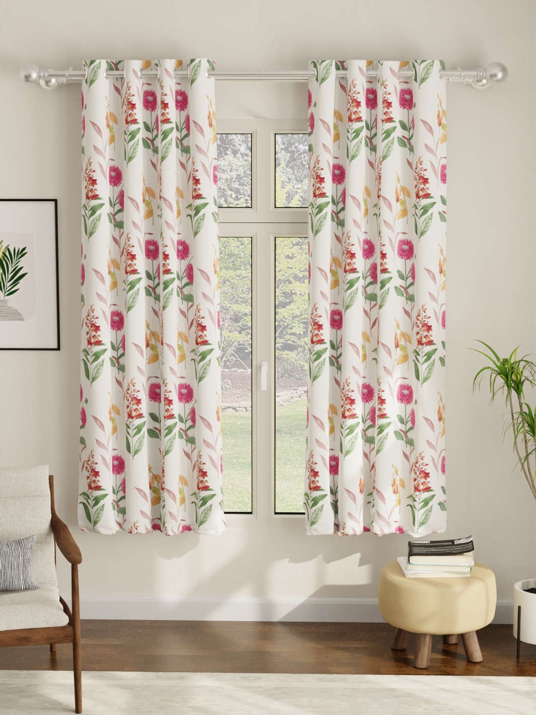 

URBAN SPACE Set of 2 White & Pink Floral Printed Room Darkening Window Curtains