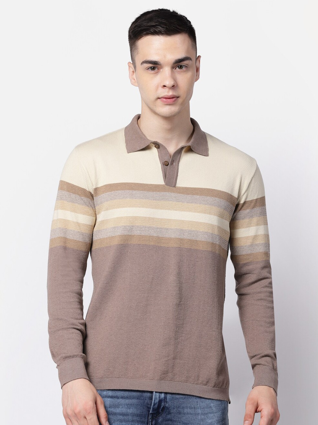 

Kalt Striped Polo Collar Cotton T-shirt, Brown