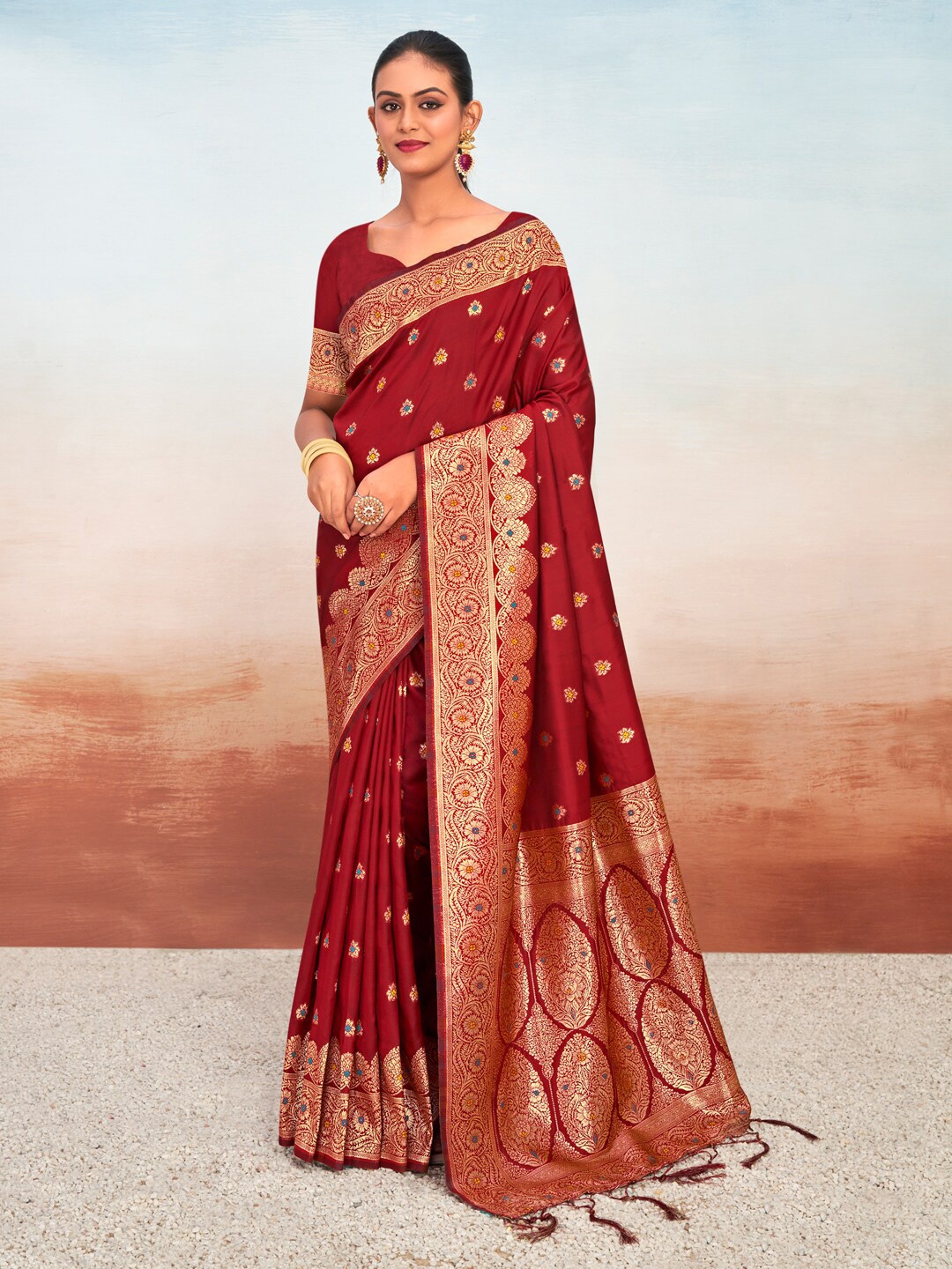 

Mitera Red Ethnic Motifs Woven Design Zari Banarasi Saree