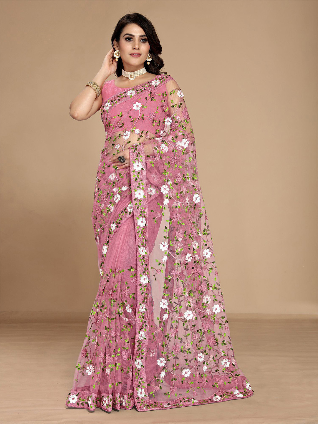 

LEOSAGI Floral Embroidered Net Saree, Pink