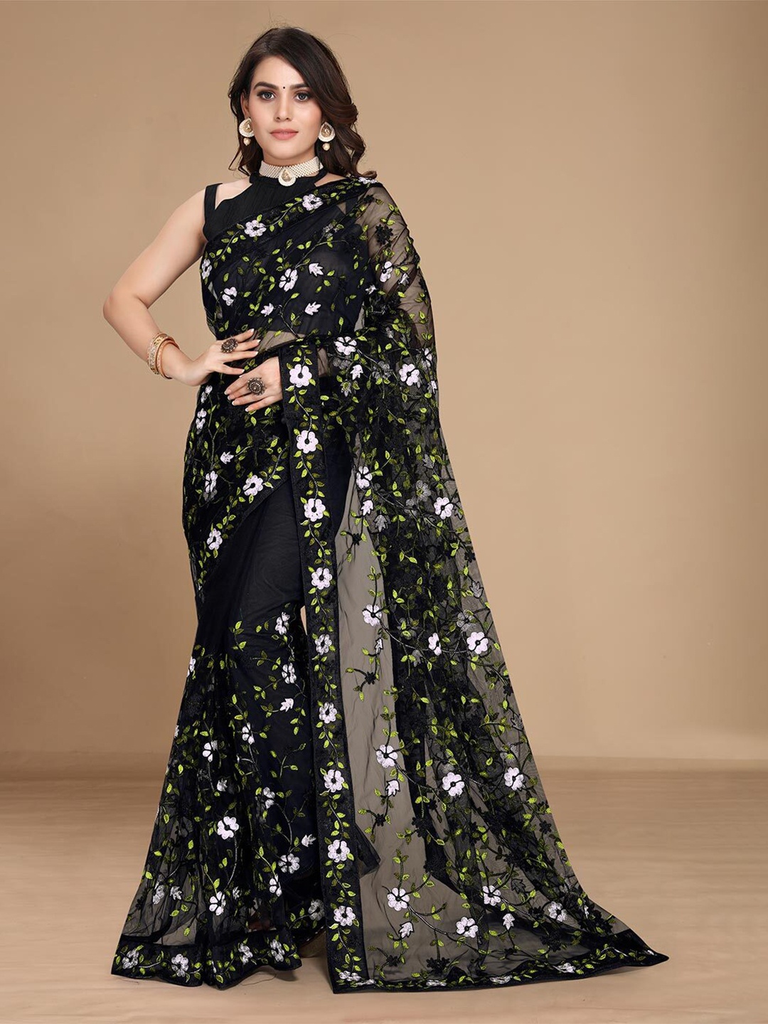 

LEOSAGI Floral Embroidered Net Saree, Black