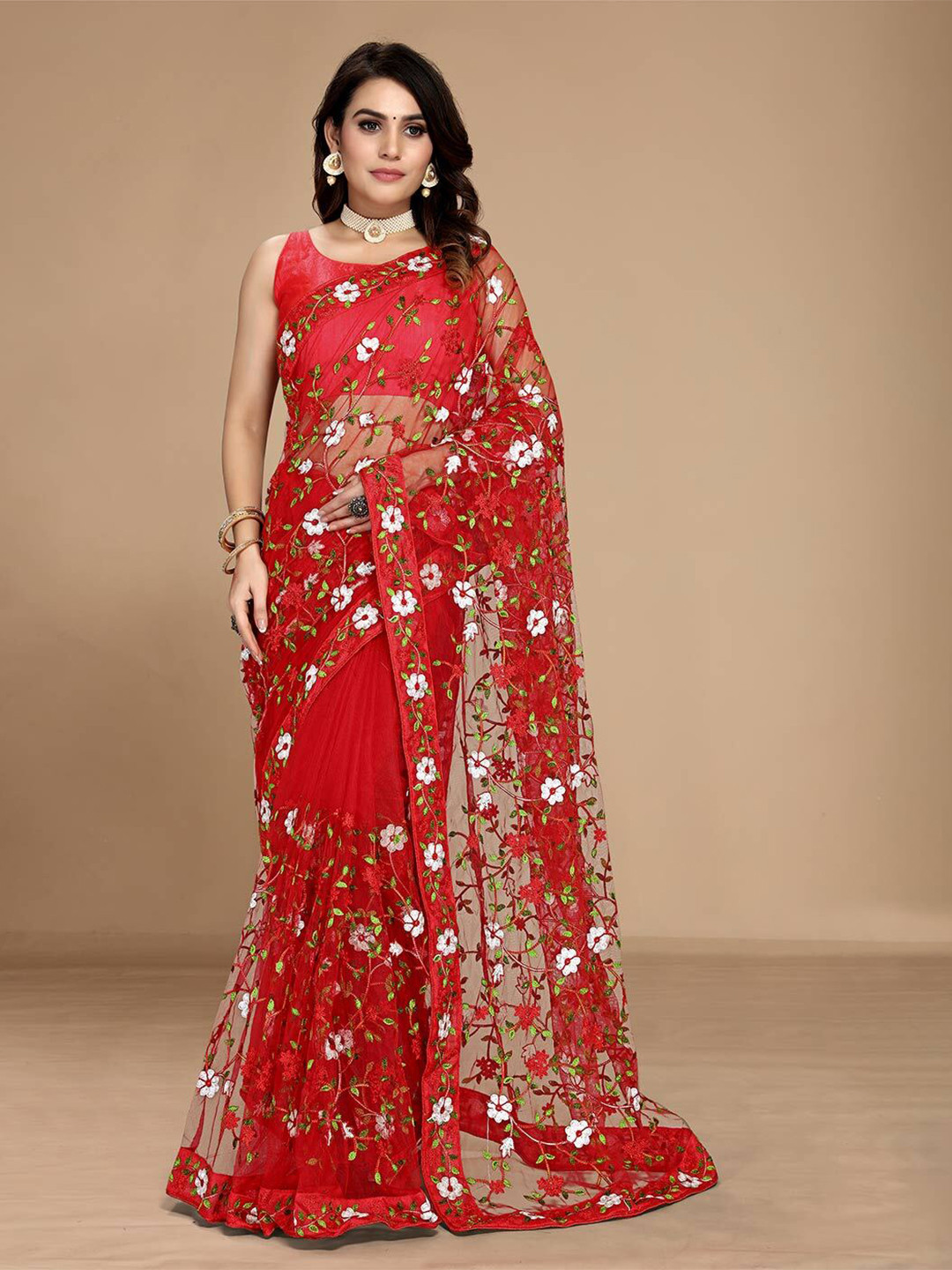 

LEOSAGI Floral Embroidered Net Saree, Red