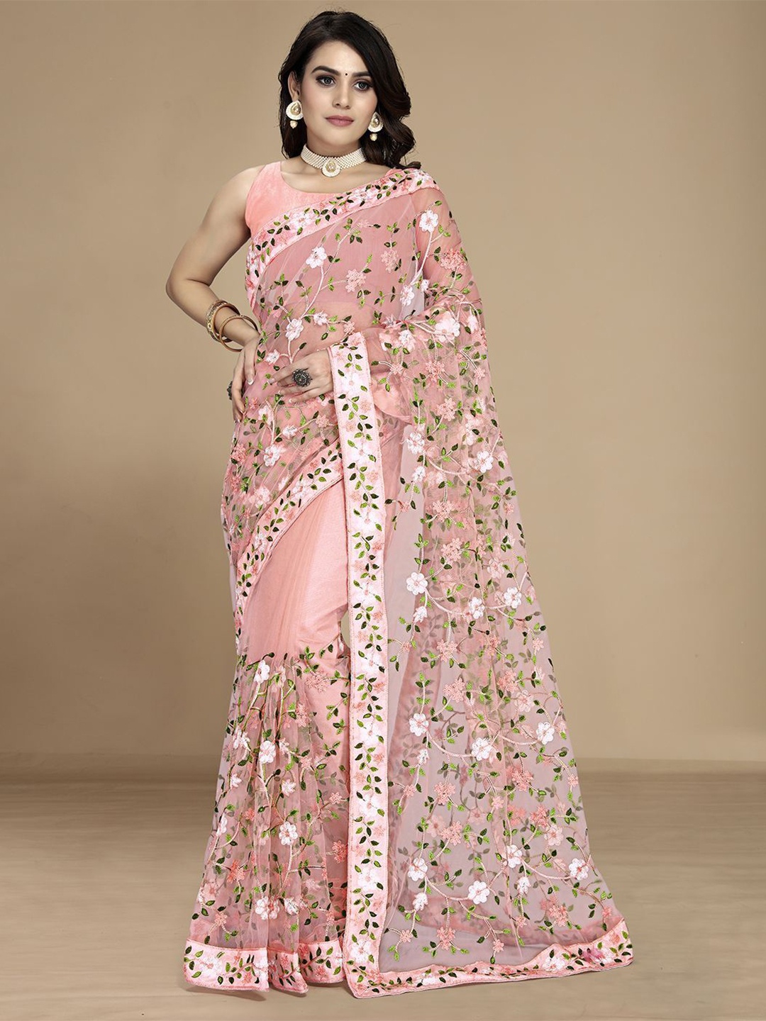 

LEOSAGI Floral Embroidered Net Saree, Pink