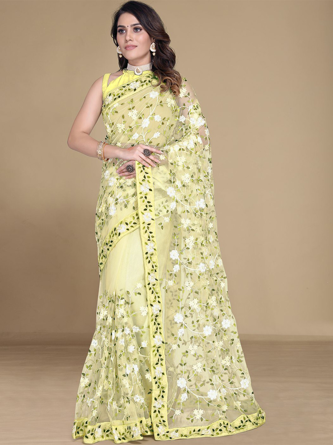 

LEOSAGI Floral Embroidered Net Saree, Yellow