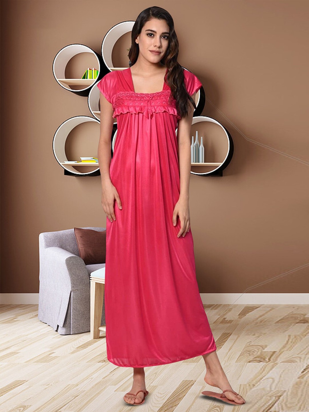 

Noty Square Neck Frills Satin Maxi Nightdress, Pink