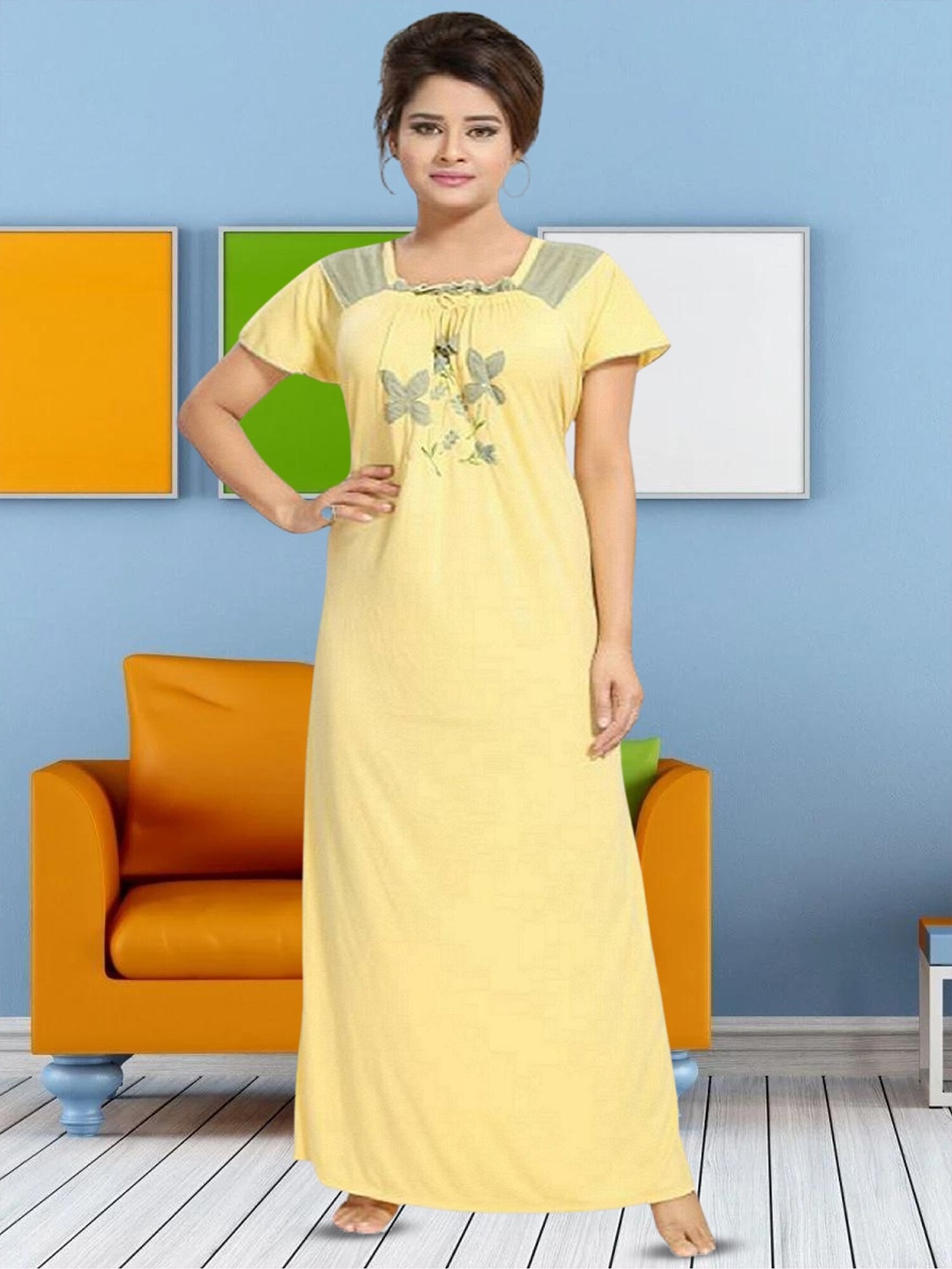 

Noty Embroidered Square Beck Maxi Nightdress, Yellow