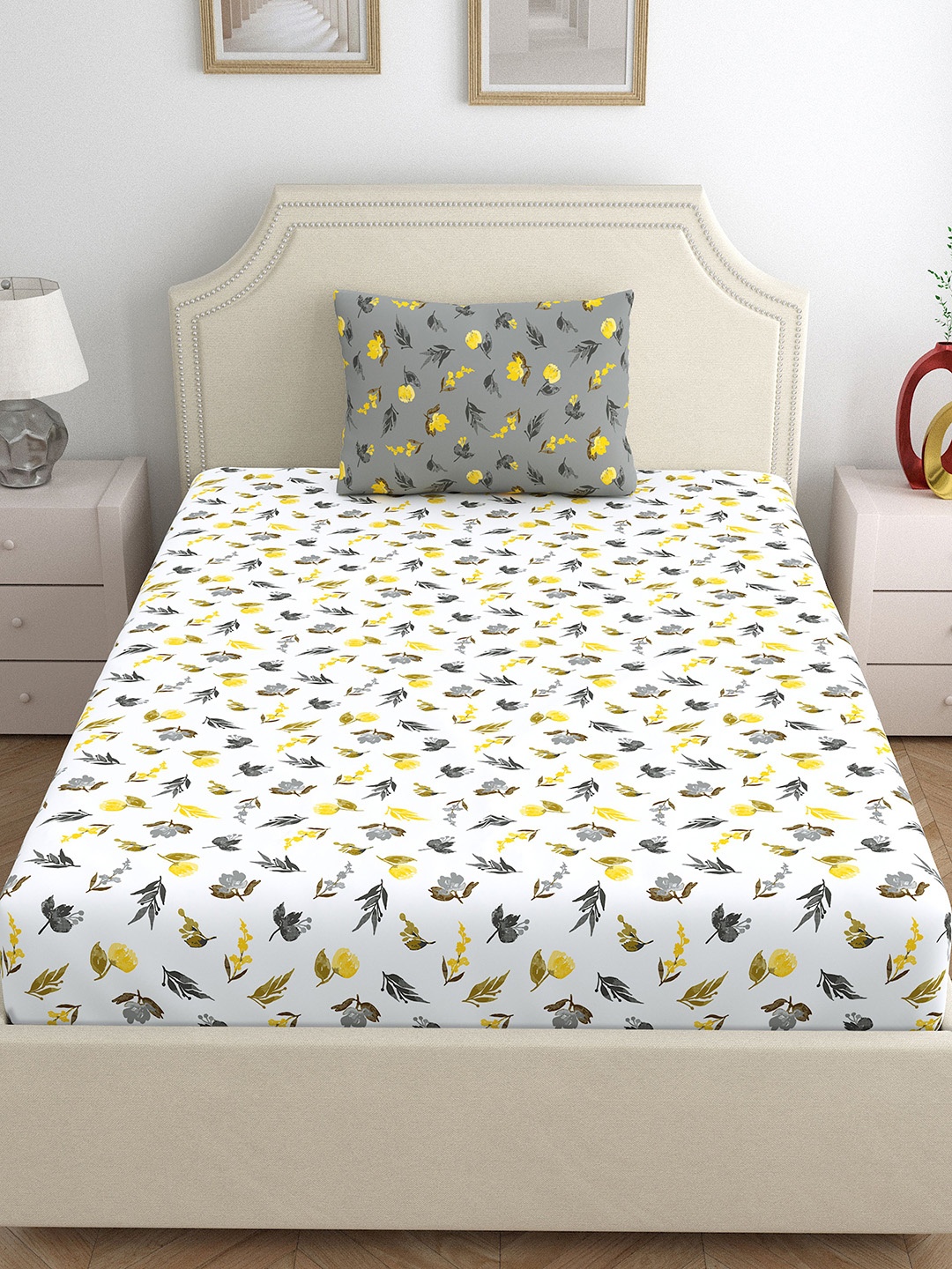 

Home Ecstasy Grey & White Floral 140 TC Cotton Single Bedsheet with 1 Pillow Covers