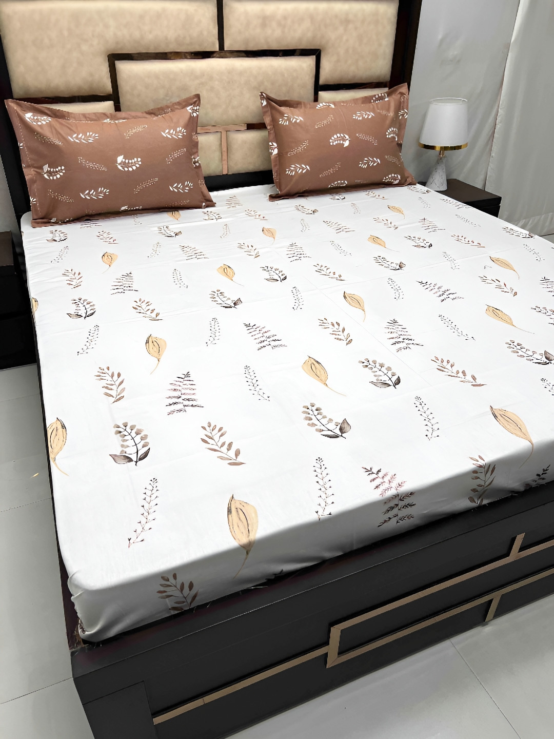 

Pure Decor White & Brown Floral Cotton 330 TC King Bedsheet with 2 Pillow Covers