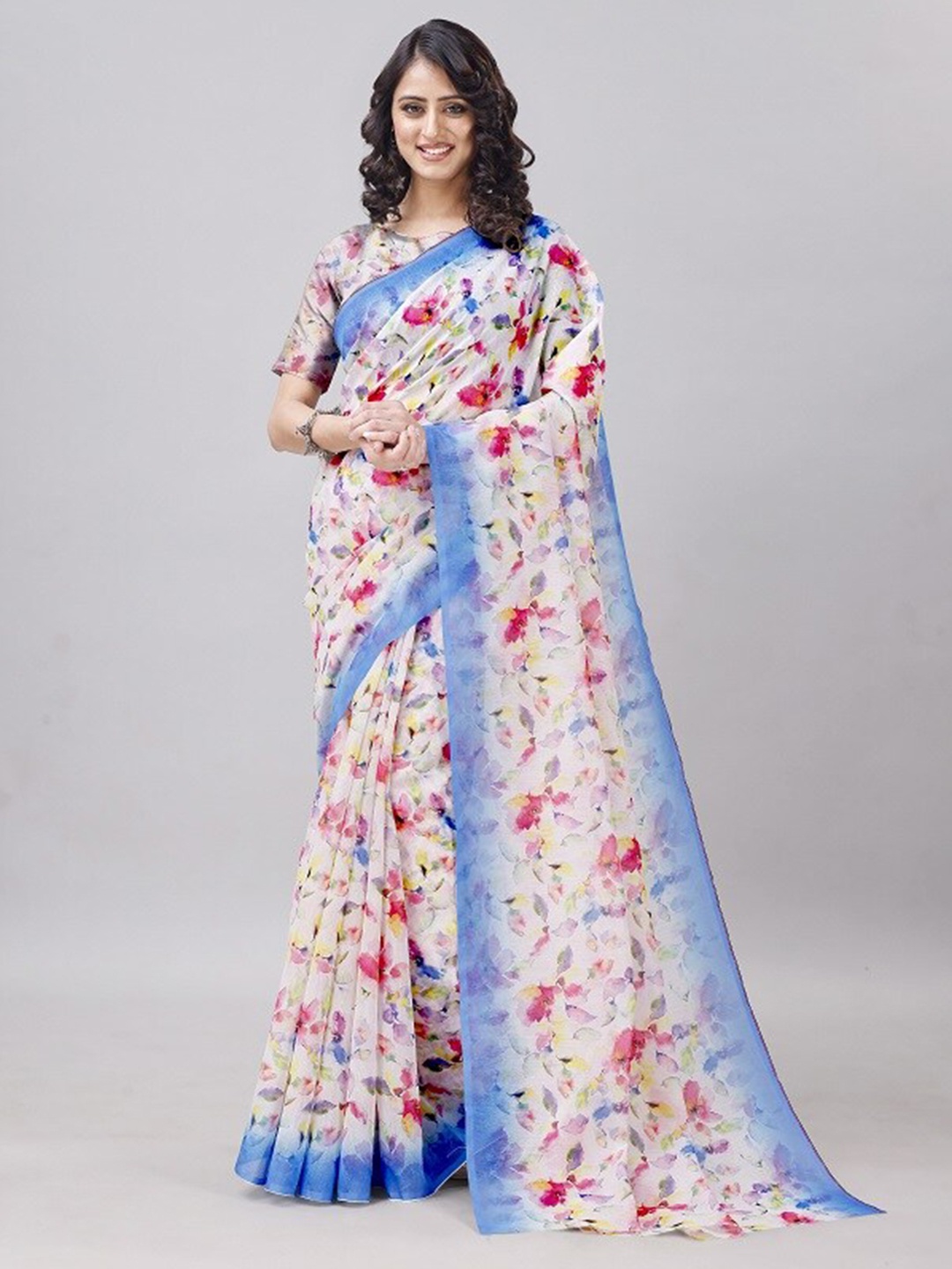 

LEOSAGI Floral Printed Pure Cotton Saree, White