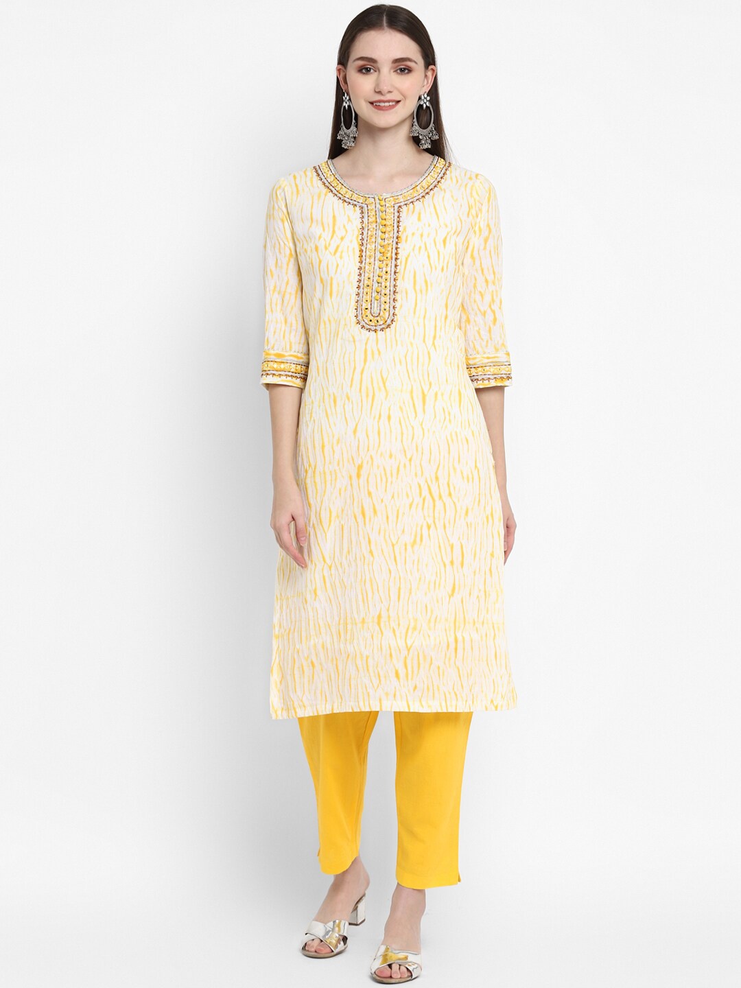 

indy Raaga Striped Mirror Work Cotton A-Line Kurta, Yellow