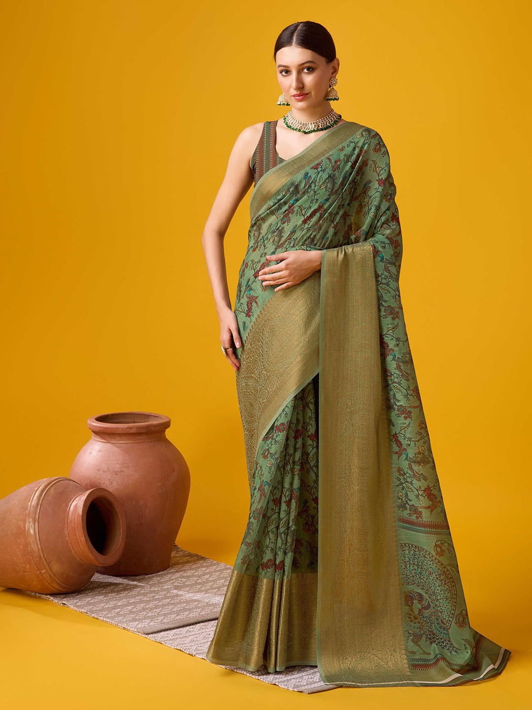 

Mitera Green Floral Printed Zari Cotton & Silk Saree