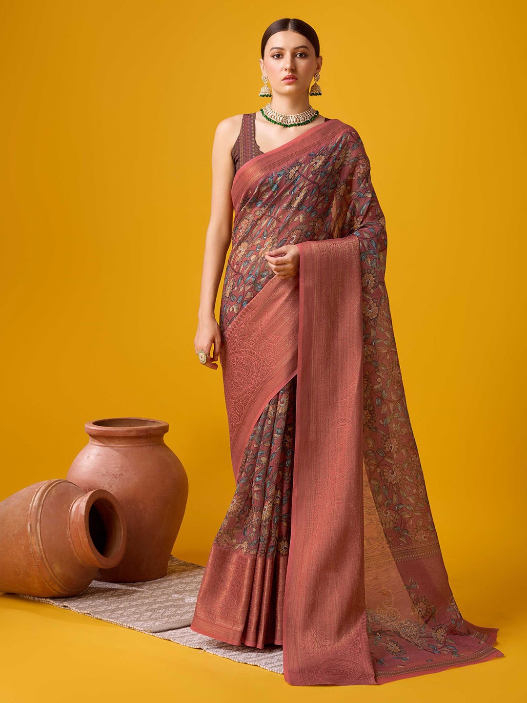 

Mitera Pink Floral Printed Zari Saree