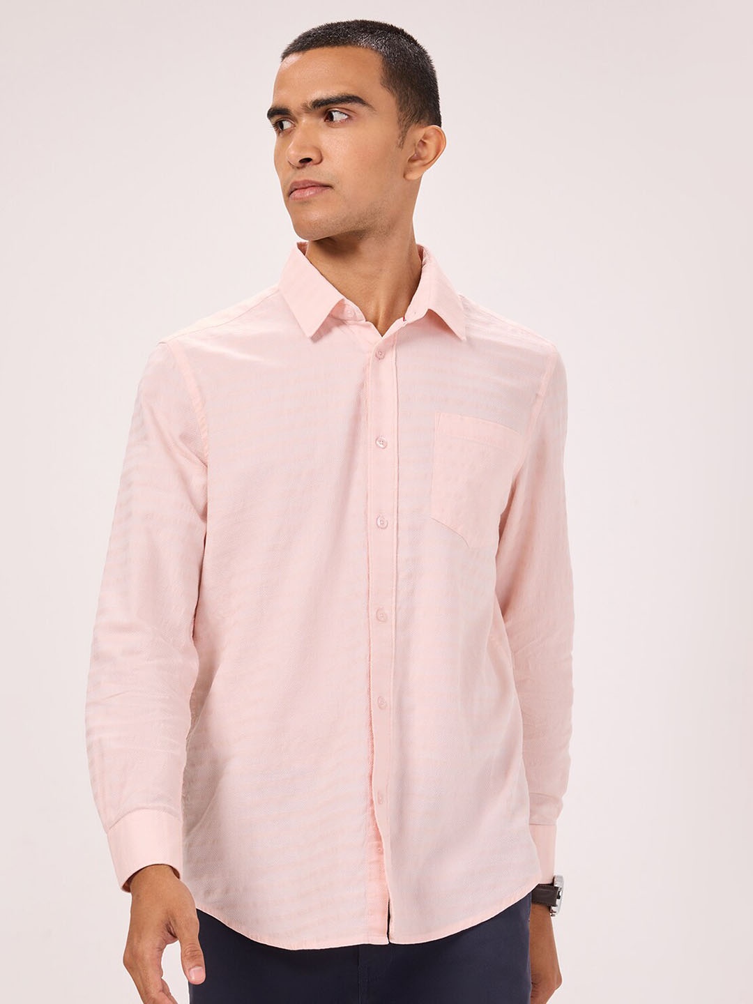 

Bombay High Comfort Striped Spread Collar Long Sleeves Semiformal Shirt, Peach