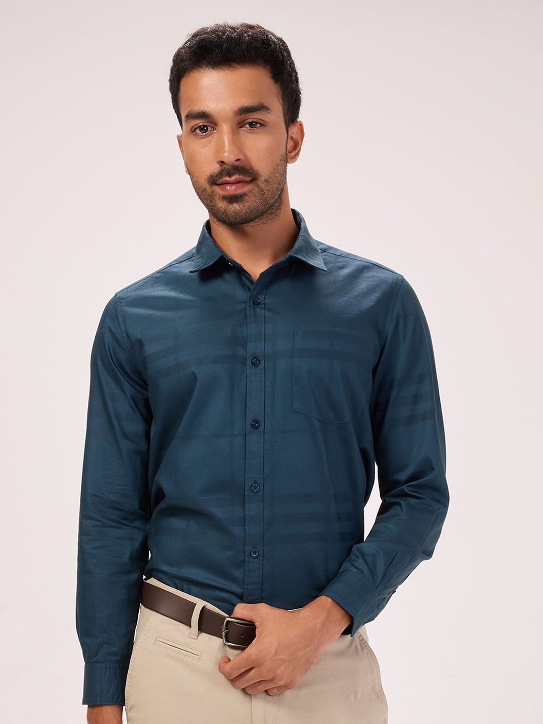 

Bombay High Men Comfort Checked Spread Collar Long Sleeves Semiformal Shirt, Green