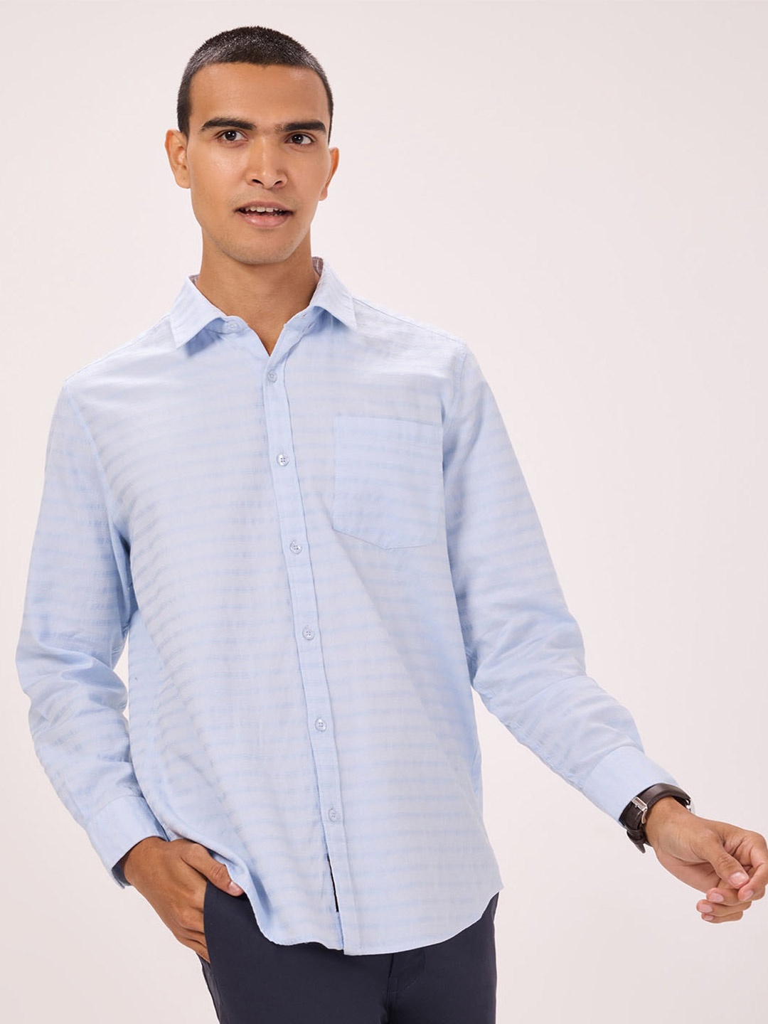 Bombay High Comfort Striped Spread Collar Curved Cotton Semiformal Shirt, Blue