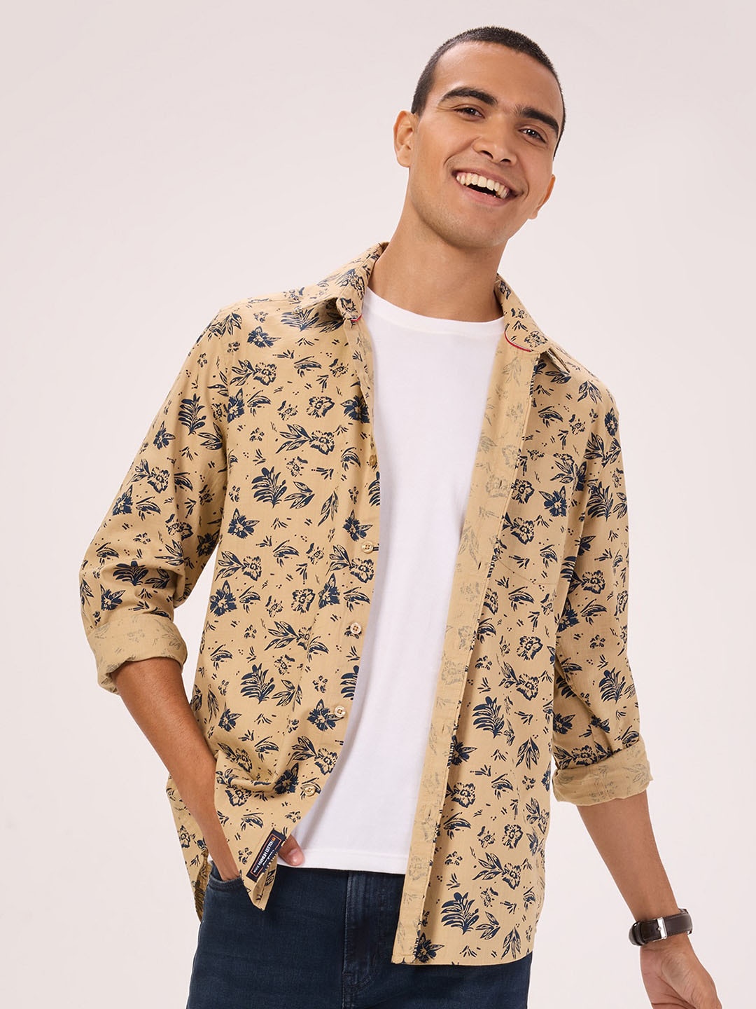 Bombay High Comfort Abstract Printed Pure Cotton Semiformal Shirt, Beige