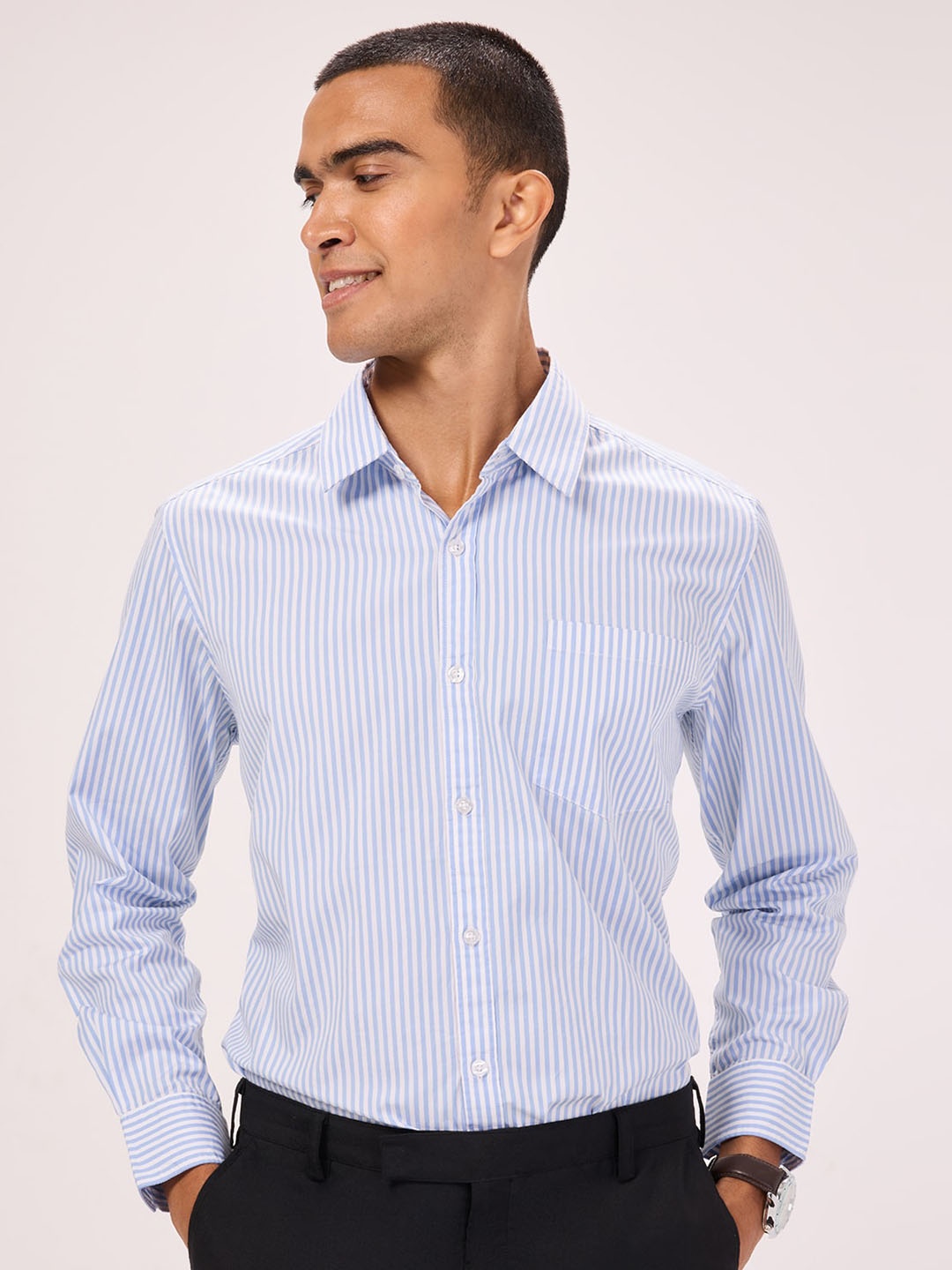 

Bombay High Comfort Striped Spread Collar Long Sleeves Semiformal Shirt, Blue