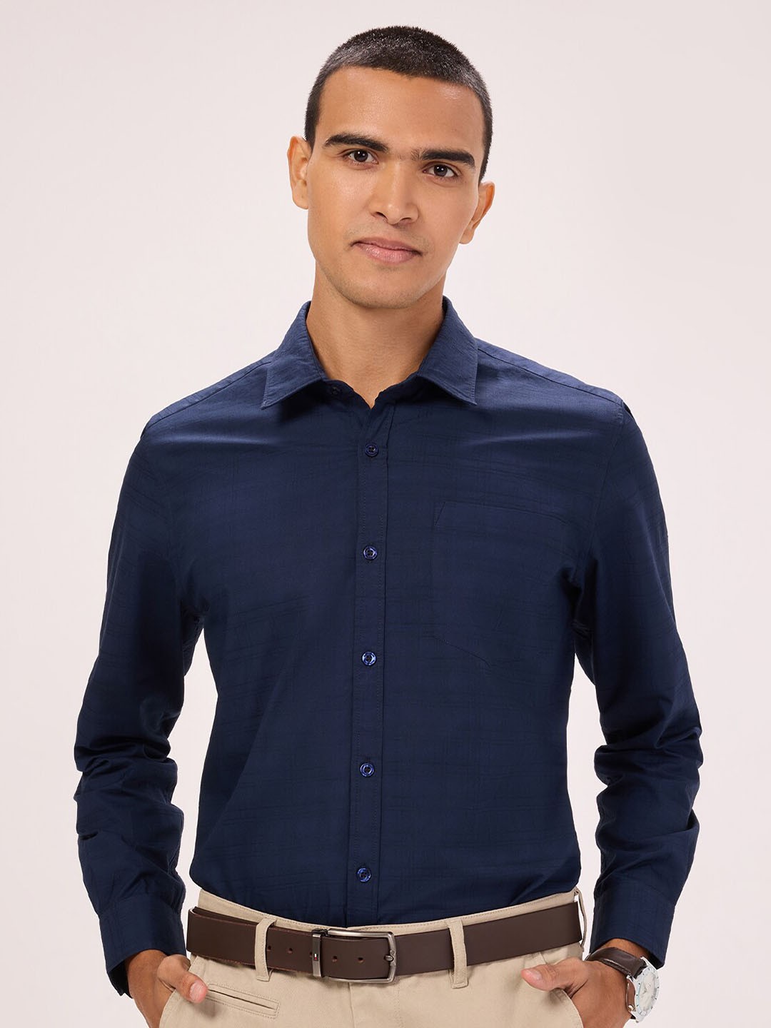

Bombay High Comfort Spread Collar Curved Cotton Semiformal Shirt, Blue