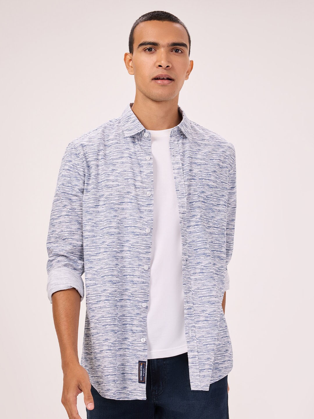 

Bombay High Comfort Horizontal Striped Spread Collar Long Sleeves Cotton Semiformal Shirt, Blue