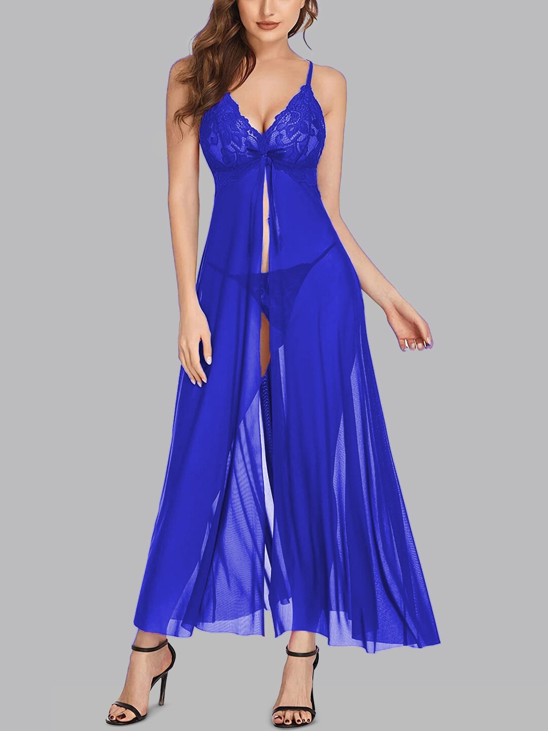 

KRENOZ Self Design Shoulder Straps Net Baby Doll, Blue
