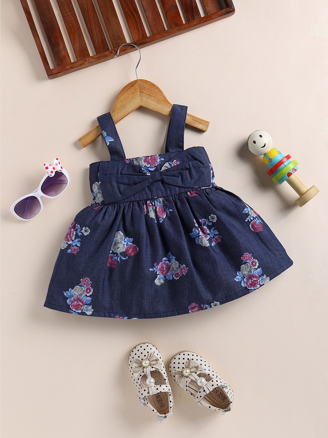 

Moms Love Infants Floral Printed Shoulder Strap Cotton Fit & Flare Dress, Blue