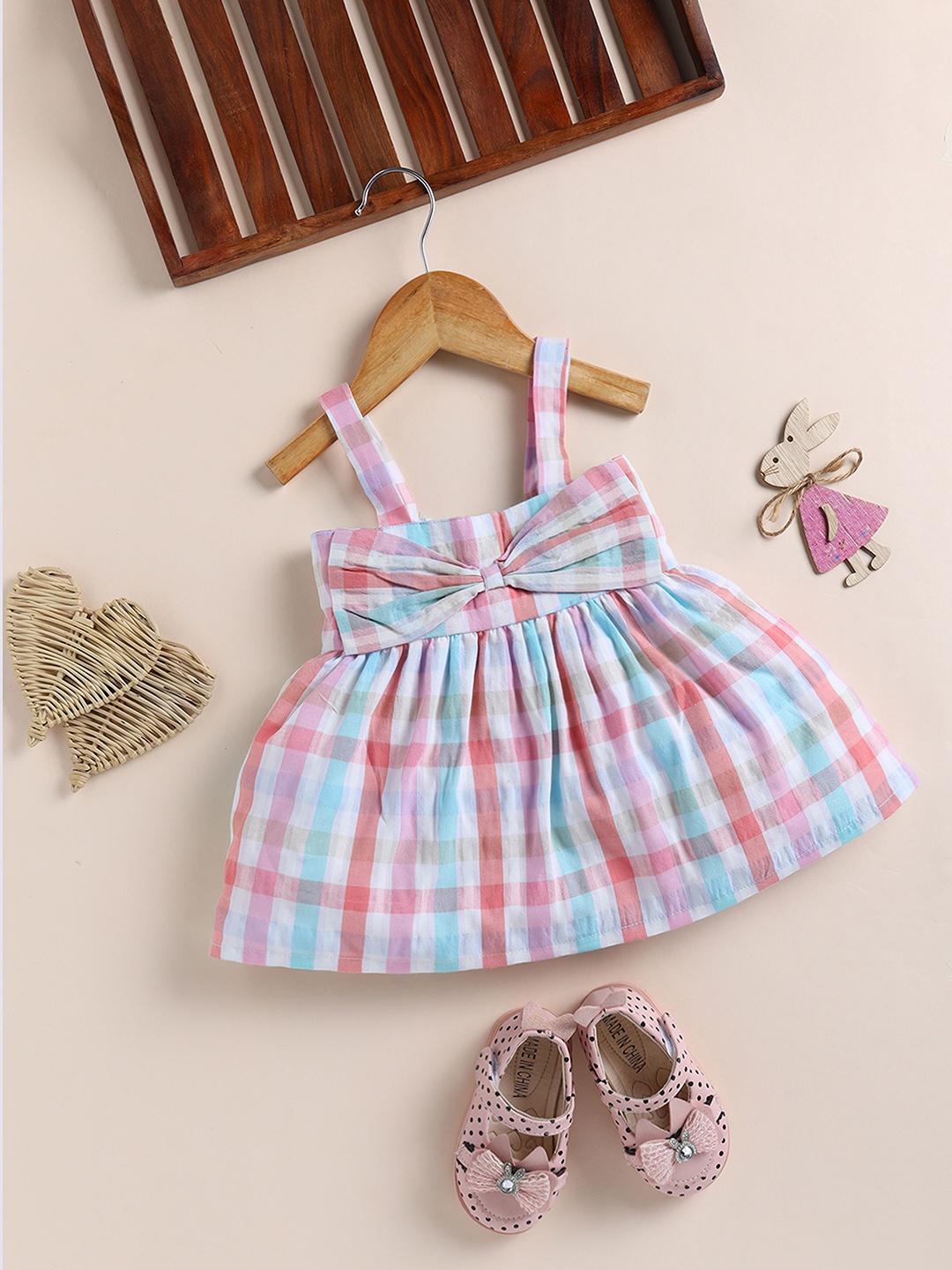 

Moms Love Infants Checked Shoulder Strap Cotton Fit & Flare Dress, Peach