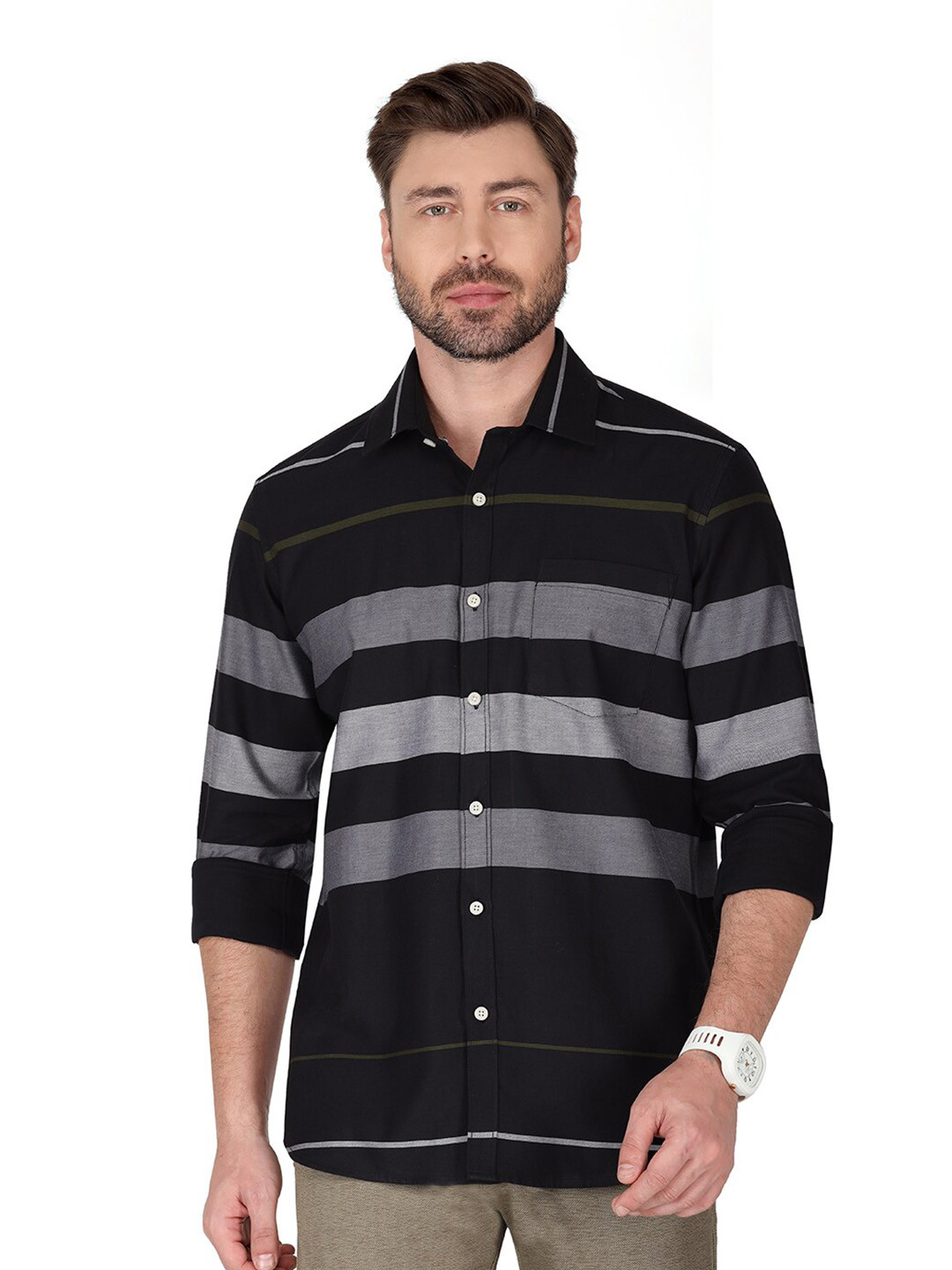 

Monterrey SF Spread Collar Long Sleeves Relaxed Striped Regular Fit Cotton Casual Shirt, Black