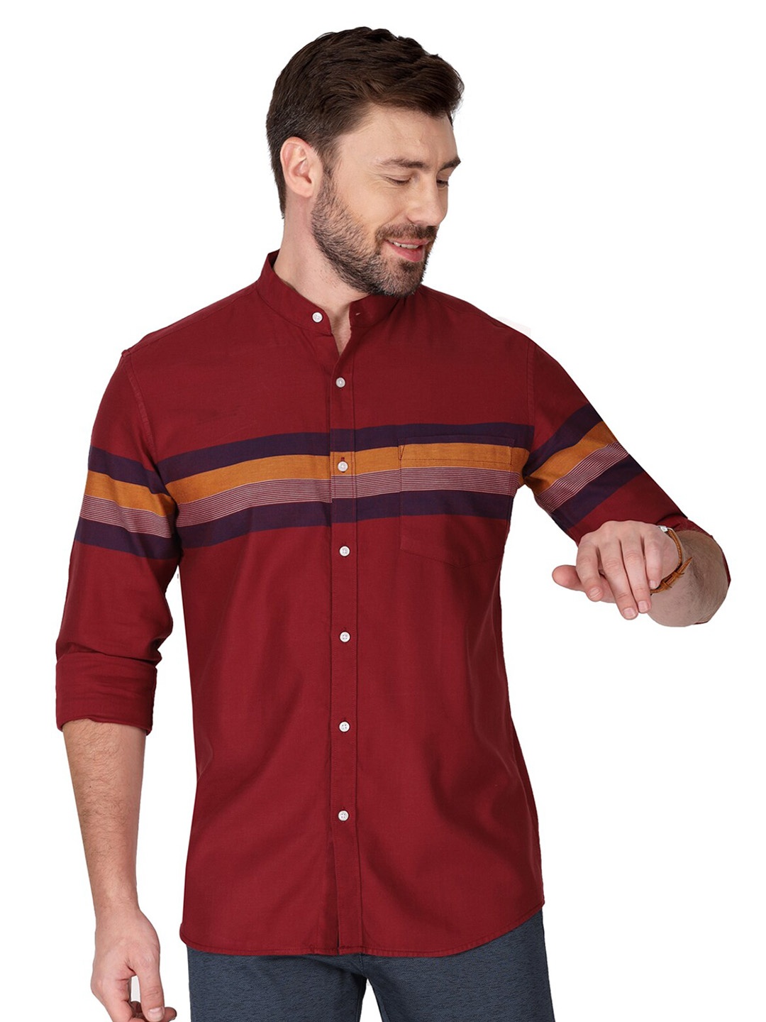 

Monterrey SF Relaxed Mandarin Collar Striped Cotton Casual Shirt, Maroon