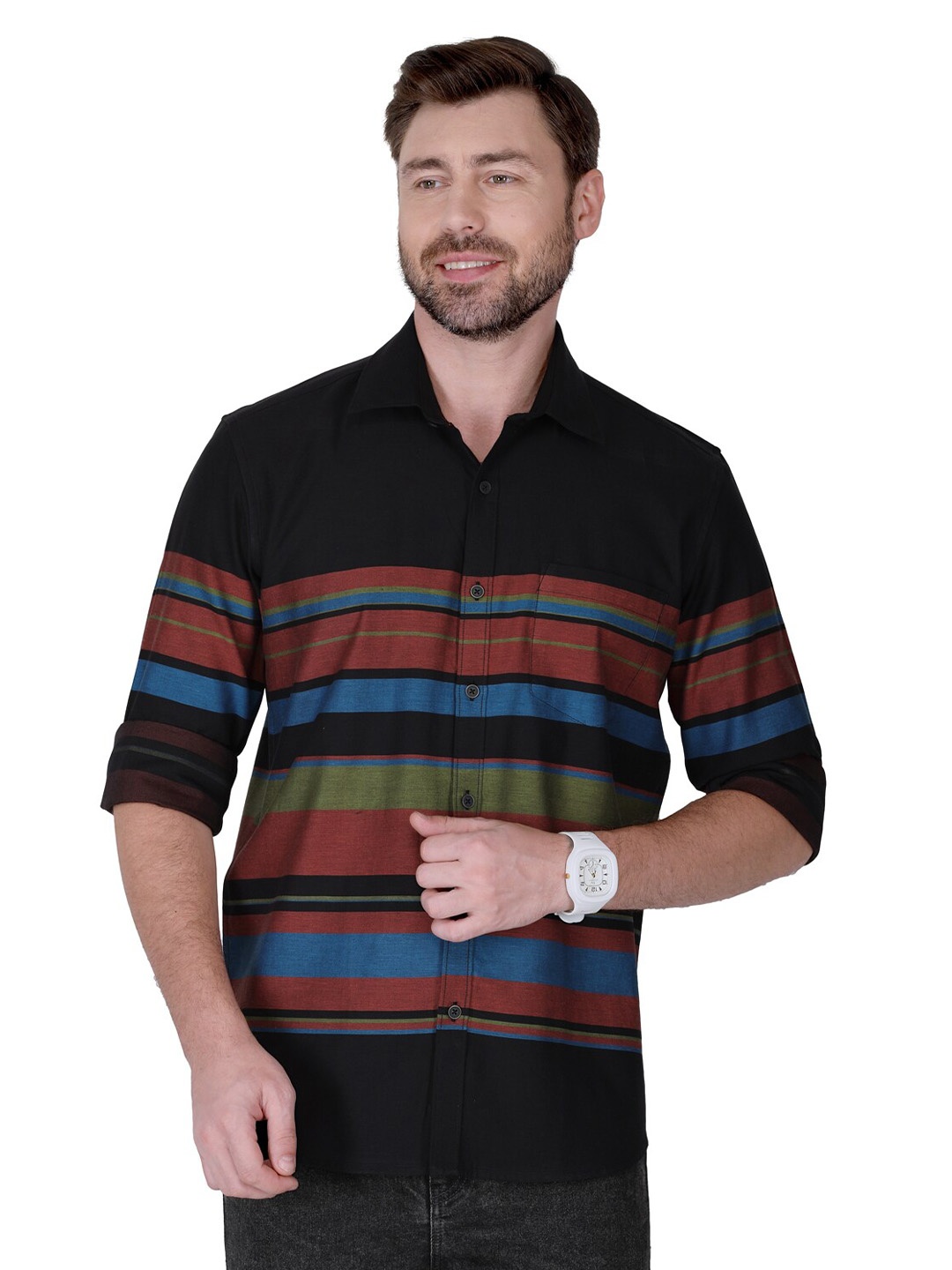 

Monterrey SF Relaxed Spread Collar Multi Stripes Opaque Striped Cotton Casual Shirt, Black