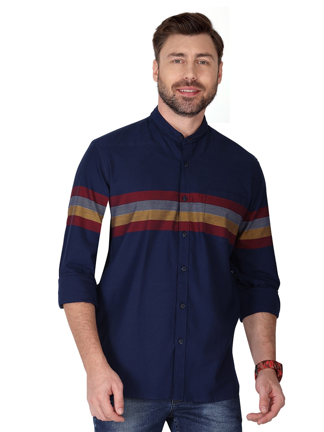 

Monterrey SF Spread Collar Long Sleeves Relaxed Striped Regular Fit Cotton Casual Shirt, Blue