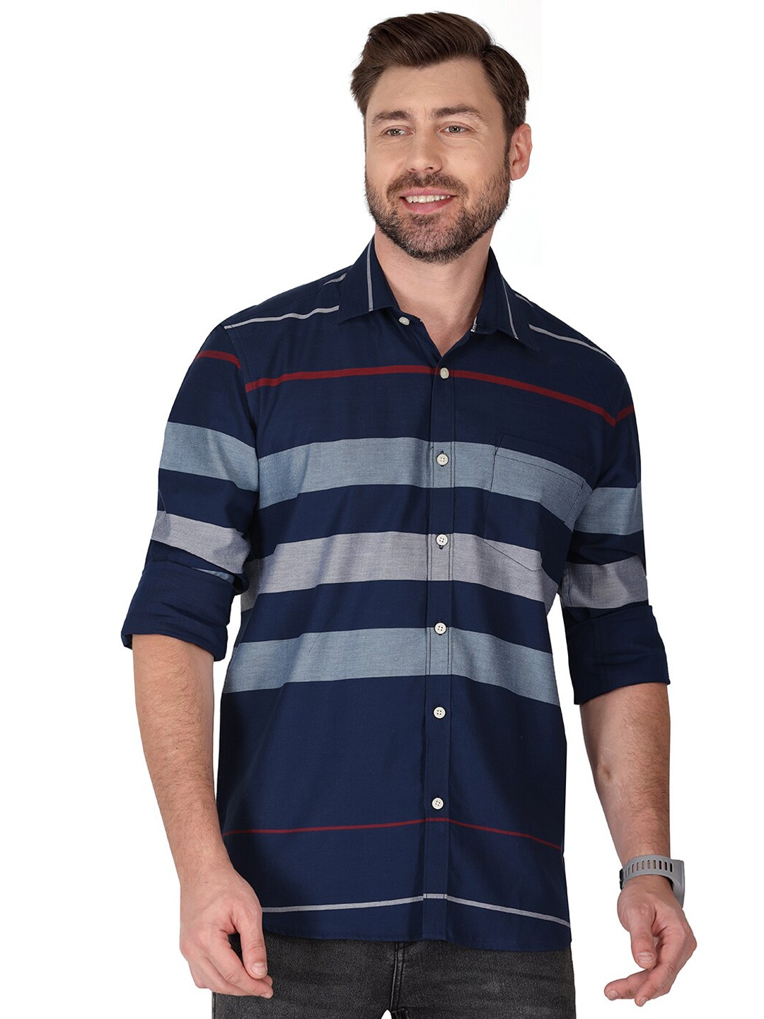 

Monterrey SF Spread Collar Long Sleeves Relaxed Striped Regular Fit Cotton Casual Shirt, Navy blue