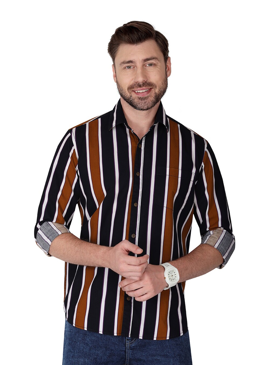 

Monterrey SF Relaxed Spread Collar Opaque Striped Cotton Casual Shirt, Brown