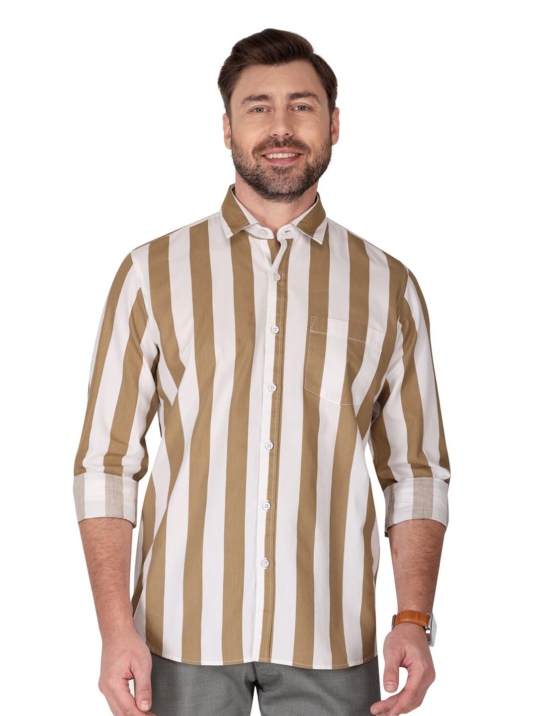 

Monterrey SF Relaxed Spread Collar Opaque Striped Cotton Casual Shirt, White