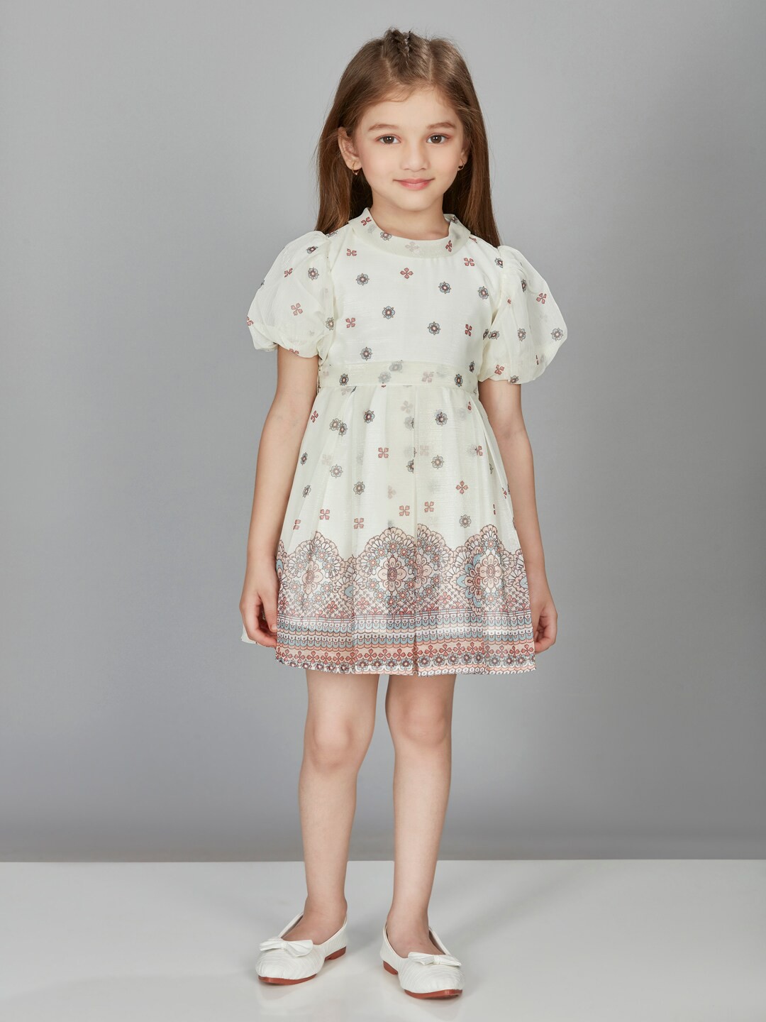 

Peppermint Round Neck Ethnic Motifs Print Puff Sleeve Fit & Flare Dress, Cream
