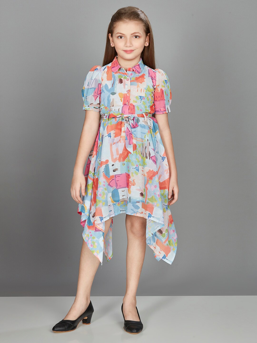 

Peppermint Shirt Collar Short Puff Sleeves Floral Print Chiffon A-Line Dress, Grey
