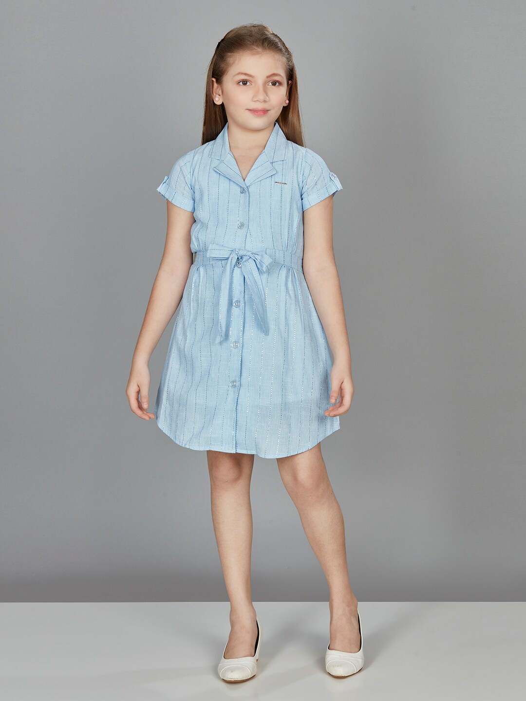 

Peppermint Shirt Collar Short Sleeves Striped Shirt Dress, Blue