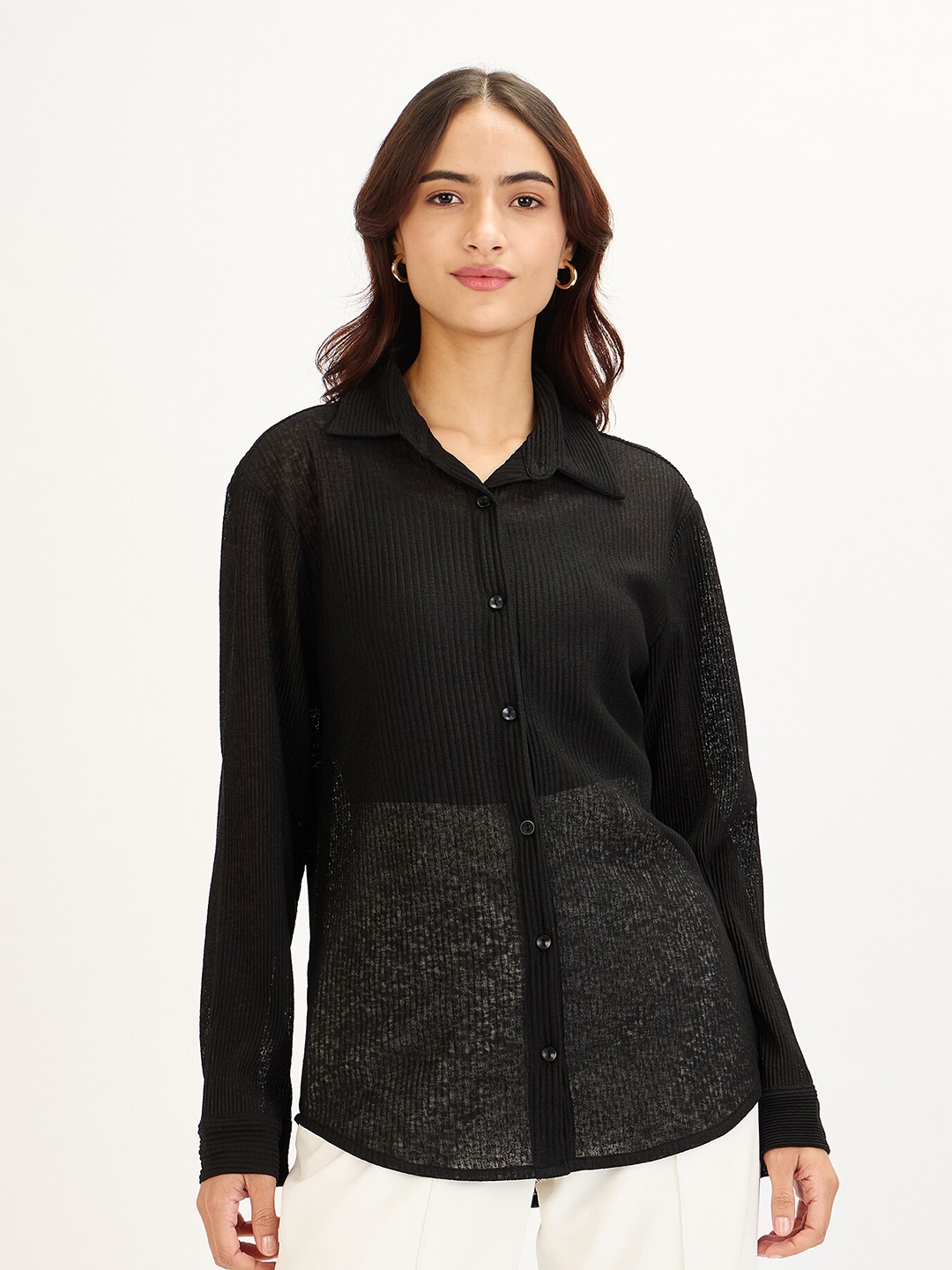 

SALT ATTIRE Striped Semi Sheer Formal Shirt, Black