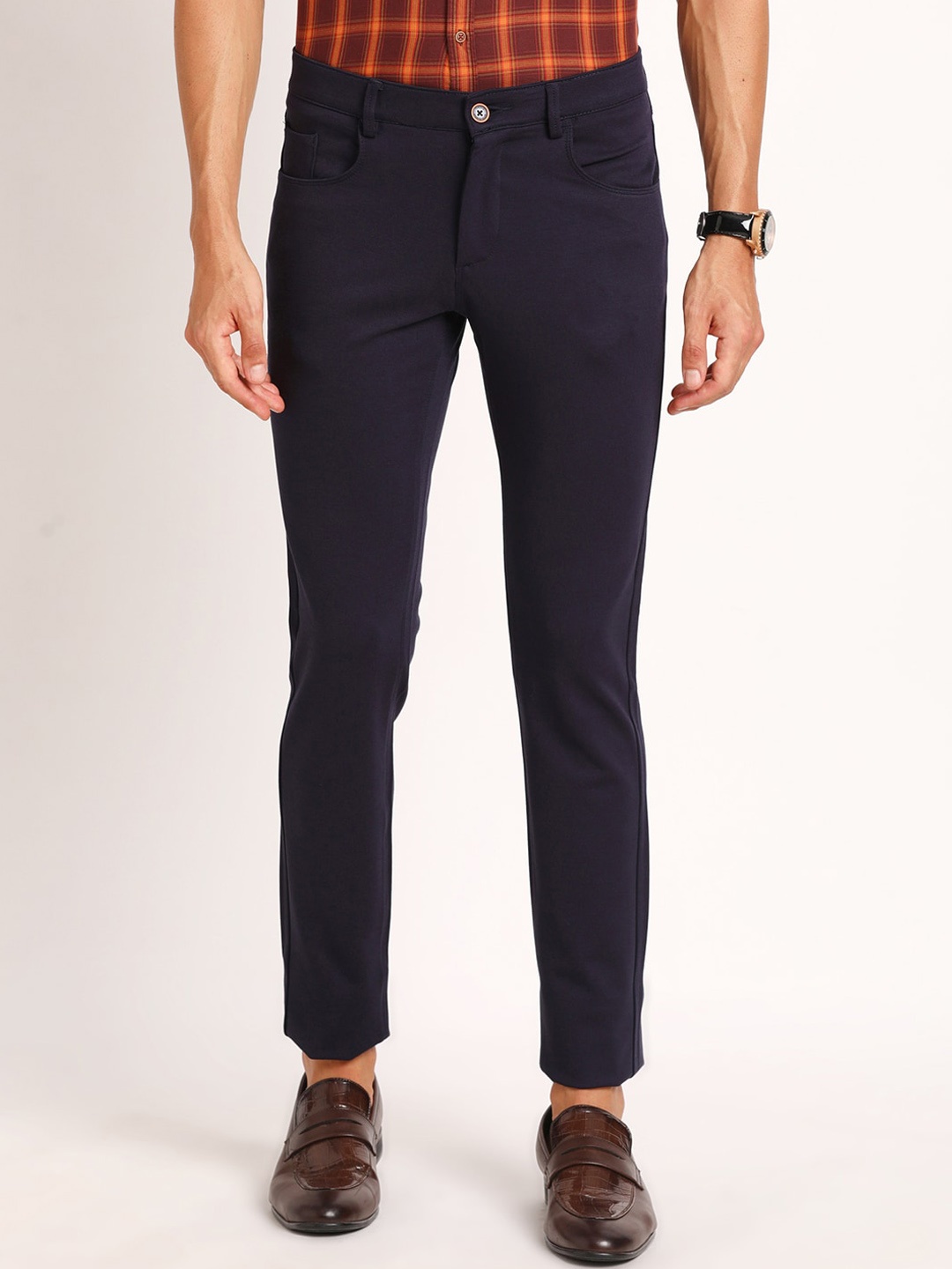 

Turtle Men Smart Tapered Fit Mid-Rise Cotton Chinos Trouser, Navy blue