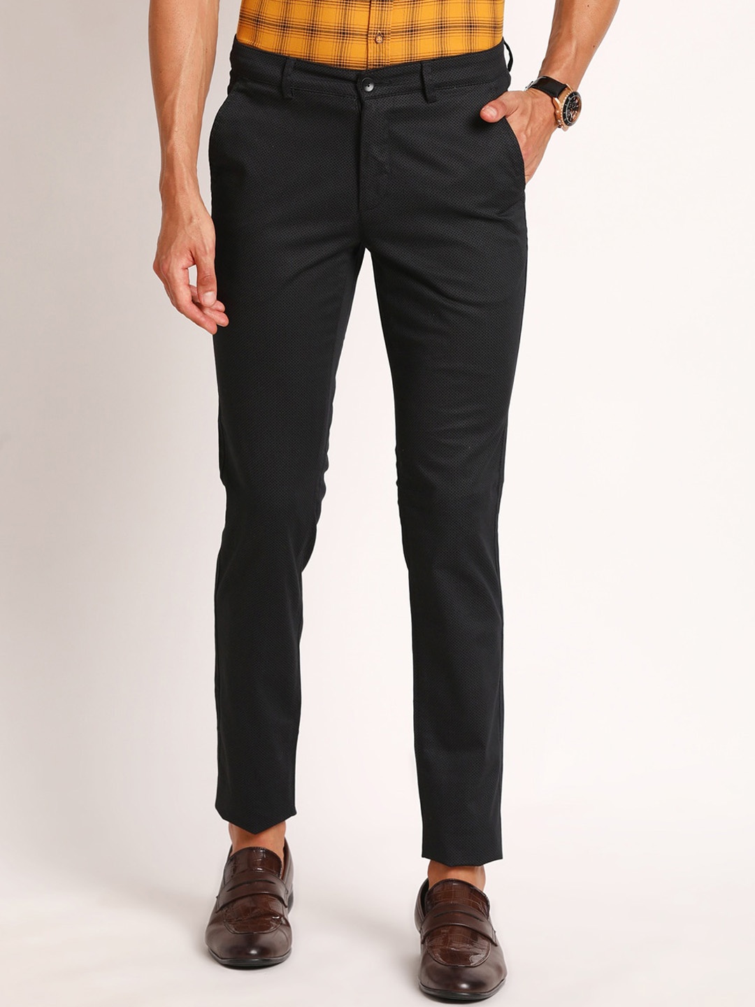 

Turtle Men Smart Tapered Fit Cotton Formal Trousers, Black